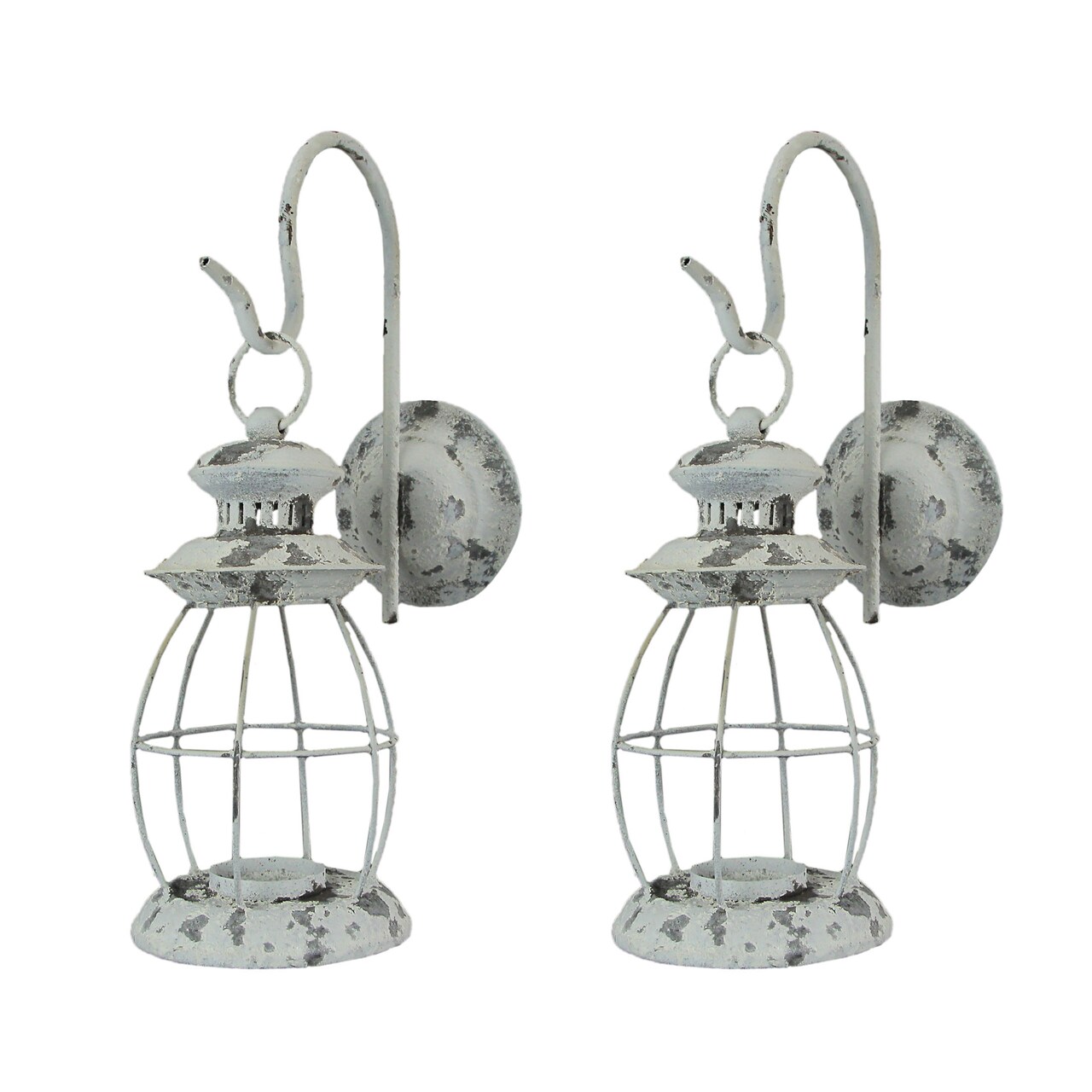 Set of 2 Rustic Distressed Metal Wall Mounted Railroad Lantern Hanging Sconces